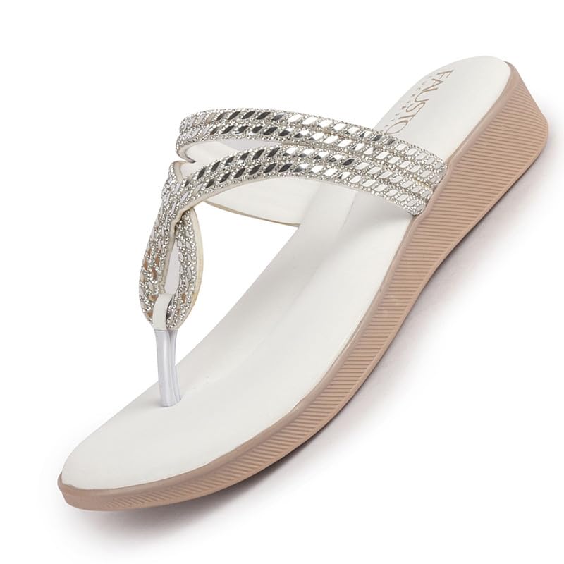 Image of FAUSTO Women T-Strap Slip On Ethnic Sandals with Rhinestone Strap | Wedge Ortho Slip-On Slippers | Perfect for Wedding, Festive Outfits