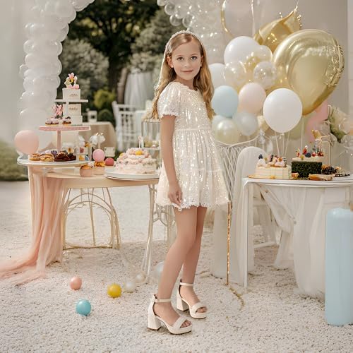 LAURMOSA Flower Girl Shoes Girls Dress Shoes White High Heels for Kids Dressy Sandals Size 4 Ankle Strap Open Toe Chunky White Heel Platform Pumps Wedding Church Party Big Kids (CAL1038PWhite 4) — view 2