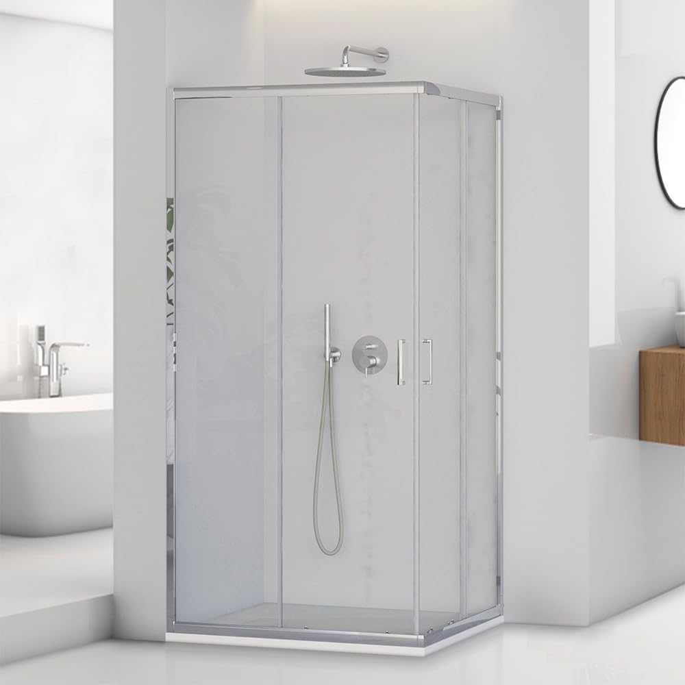 Box doccia angolare 80x80 cm in vetro trasparente H 195 cm, 2 porte scorrevoli con profilo cromato e installazione reversibile, Tay
