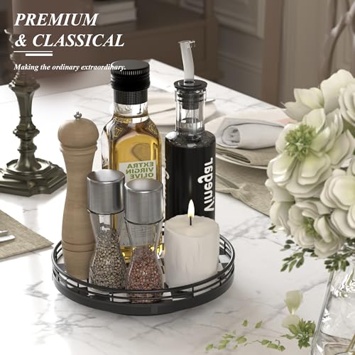 Image of Black and White Kitchen Lazy Susan Turntable - Checkered Round Decorative Tray, 9 inch Table Top Oak Wood Lazy Susan for Cookies, Dining Table Organizer, Small Kitchen Table Centerpiece
