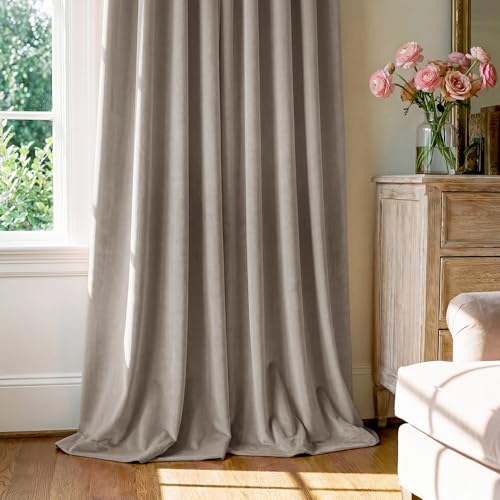 Image of Camel Beige Velvet Curtains for Decor Extra Long, W52xL105, 2 Pcs | 300GSM Thick Soft Fabric, Light Blocking, Summer Heat Insulated, Pinch Pleat Window Covering for Studio, Dining Room, Kitchen