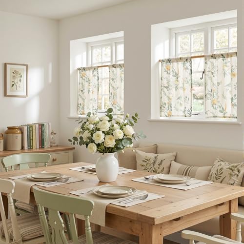 Image of MYSKY HOME Floral Kitchen Curtains 24 Inches Linen Tier Curtains 2 Panesl | Farmhouse Green Flower Patterned Small Window Treatments Airy Light Filtering Rod Pocket for Living Room Bathroom, Each 26 inch W