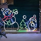 Christow Snowman & Penguin Christmas Light, LED Rope Light Silhouette, Flashing Animated Snow Fight Decoration, Indoor Outdoor, Free Standing & Wall Mountable, Mains Operated (H87cm x W135cm)