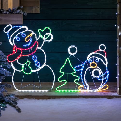 Christow Snowman & Penguin Christmas Light, LED Rope Light Silhouette, Flashing Animated Snow Fight Decoration, Indoor Outdoor, Free Standing & Wall Mountable, Mains Operated (H87cm x W135cm)