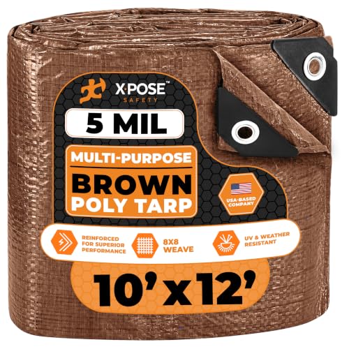 Image of Multipurpose Protective Cover Brown Poly Tarp 10' x 12' - Durable, Water Resistant, Weather Resistant - 5 Mil Thick Polyethylene - by Xpose Safety