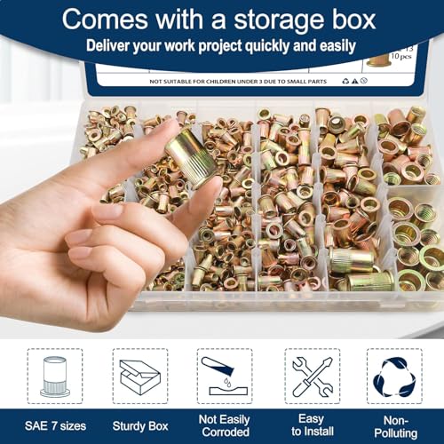 Image of SAE Rivet Nut Assortment Kit(880 Pcs), #6-32#8-32#10-24 1 /4 inch-20 5 /16 inch-18 3 /8 inch-16 1 /2 inch-13 UNC Flat Head Rivnut Set, Zinc Plated Finish Carbon Steel Nutsert