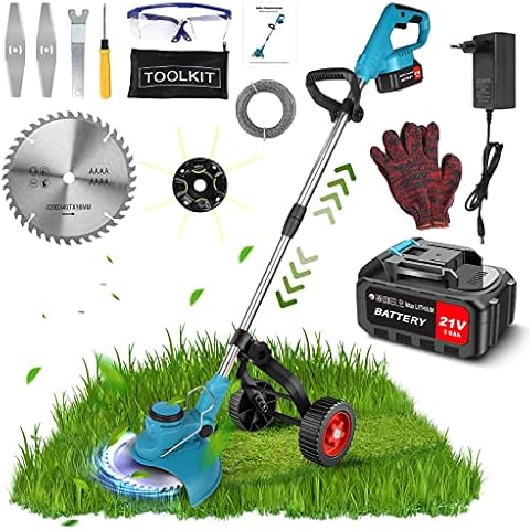 ESHUNQI 850W Akku Rasentrimmer mit 3,0 Ah Lithium-Ionen Akku und Ladegerät, Dreh- und Neigbarer Motorkopf, Metall Klinge 20cm Cover