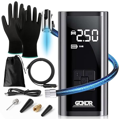 Compresseur à Air Portatif - Gonfleur Pneus Voiture Sans Fil, Kit Complet avec Gants, Batterie Puissante 6000mAh SUV, Moto, Trottinette Electrique,Vélo, Ballon, Gonflage Rapide, Facile D'utilisation