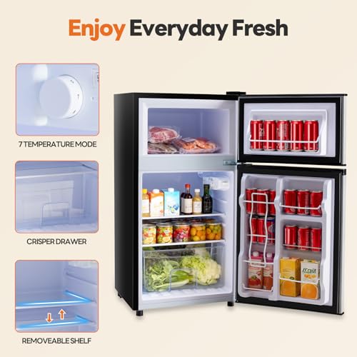 Image of Sweetcrispy 3.2 Cu.Ft Mini Fridge with Freezer, 2 Door Small Refrigerator with Adjustable Thermostat Energy-efficient Low Noise, Compact Fridge for Bedroom, Office, Dorm, Silver