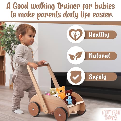 Image of 2-in-1 Wooden Baby Walker with Sit-to-Stand Learning | with Adjustable Seat & Speed | Baby Walker Push Toy in Natural Wood for Babies 6-12 Months up to 3 Years for Infants and Toddlers