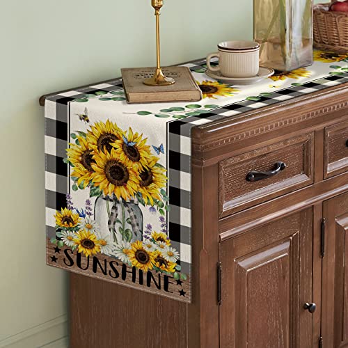 Cmegke Sunflower Table Runner, Buffalo Floral Table Runner, Kitchen Dining Table Decor For Seasons Spring Summer Fall Farmhouse Home Party Indoor Outdoor Decor 13X72 In #TOP2
