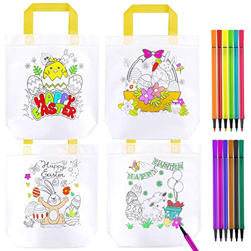HOWAF 12pcs Design Your Own Easter Party Bag for Kids, Easter Bunny Egg Graffiti Party Bags to Colour & 12 Colouring Pens, Reusable Non-Woven DIY Easter Crafts Party Favors Gift Tote Bags with Handles