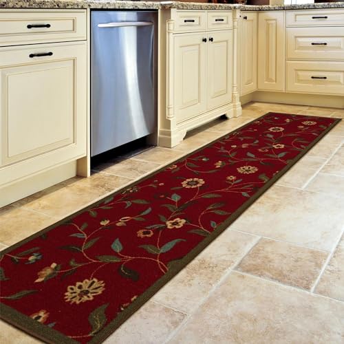 Ottomanson OTH2090-2X7 Machine Washable Floral Leaves Design Non-Slip Rubberback 2X7 Traditional Runner Rug cover