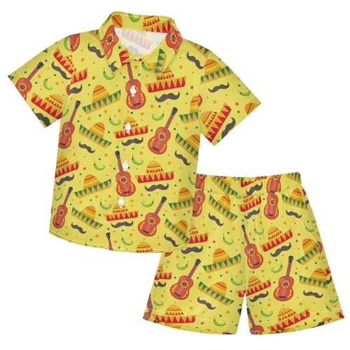 Image of Sunflower Floral Yellow Black Short Sleeve Hawaiian Button Down Shirts and Short Sets for Boys Toddler Summer Outfits