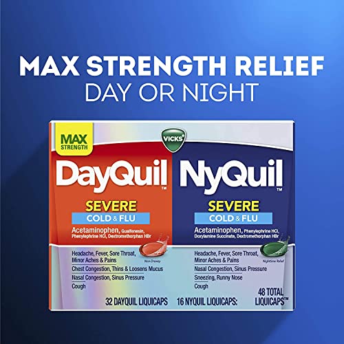 Vicks Dayquil And Nyquil Severe Cough, Cold & Flu Relief, 48 Liquicaps (32 Dayquil & 16 Nyquil) - Relieves Sore Throat, Fever, And Congestion, Day Or Night, 48 Count #TOP2