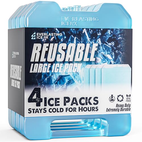 Large Reusable Ice Packs for Cooler with Handle (4 Pack) Long Lasting Coolness BPA Free Freezer Packs for Extended Cooling | Cooler Ice Packs for Camping Fishing Hiking Beach