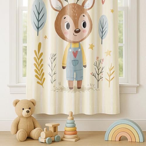 Image of STITCHNEST Velvet Kids Curtains Pack of 1 | Cartoon Deer & Forest Print | Semi Blackout Curtains for Nursery, Baby & Toddler Room | 7 Feet