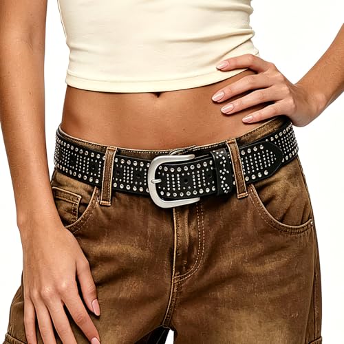 LEACOOLKEY Damen Nieten Gürtel Western Ledergürtel Punk Rock Nietengürtel Y2K Gürtel Jeansgürtel Metall Punk-Ledergürtel für Jeans Hosen Schwarz 120cm