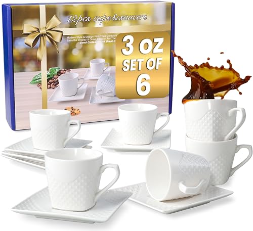 FUOCCI Espresso Cups With Saucer - 3 oz (90 ml) Turkish Coffee Cup, Small Modern Embossed Porcelain for Expresso, Cuban & Arabic Coffee, Elegant White (Set of 6)