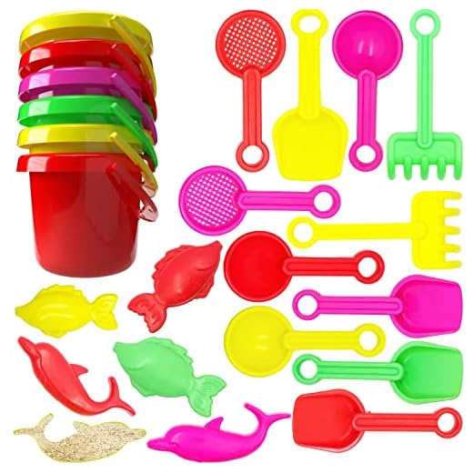 The Dreidel Company Mini Beach Day Playsets (Pack of 6) 3.25" Sand Bucket Play Set Box Includes, Pail, Shovel, Rake, Sifter Scoop, Dolphin Fish Sand Trays Toy for Boys and Girls Birthday Party Favor