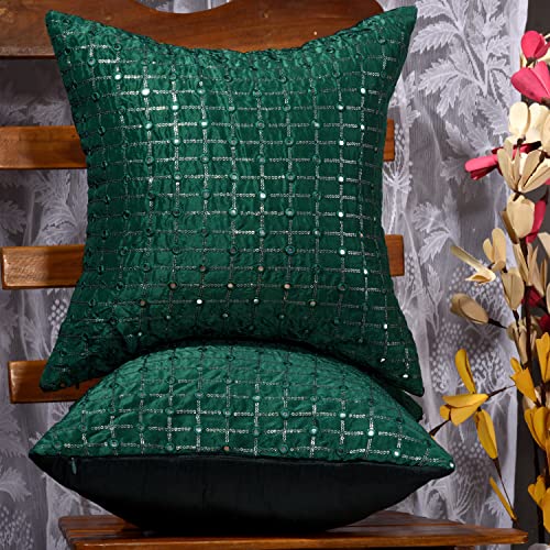 Image of Forest Green Cushion Covers 20x20 inches Set of 2, Embroidered Pillow Covers, Designer Pillowcases, Sofa Cushion Cover