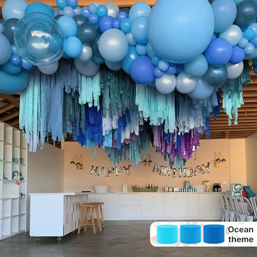 Image of PartyWoo Light Blue Crepe Paper Streamers 8pcs 656 ft Pack of Slate Blue White Silver Crepe Paper Sheets for Birthday Gender Reveal Baby Shower Graduation Pool Mermaid Under The Sea Party Decorations