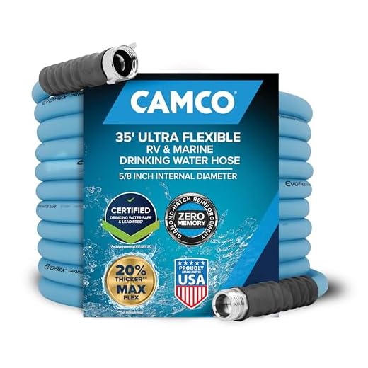Camco EvoFlex 35-Ft Water Hose - RV Drinking Water Hose Contains No Lead, No BPA & No Phthalate - Flexible Design w/Stainless Steel Strain Relief Ends - 5/8” Inside Diameter, Blue (22595)