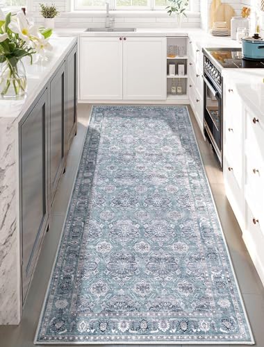 SERISSA Boho Washable Runner Rug, 2x6 Rug Non-Slip Vintage Floral Hallway Kitchen Runner Rug Ultra Soft Print Distressed Blue Grey Floor Carpet for Bedroom Bathroom Laundry Room