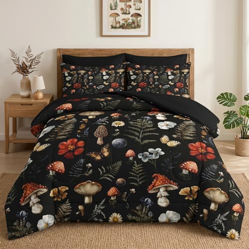 Pamnest Comforter Set Queen Size Woodland Mushroom 7 Pcs Bedding for Kids and Adults Fern Plants Botanical Bed Sheet Sets with Fitted Sheet 2 Pillowcases & 2 Shams for Bedroom Bed Decor