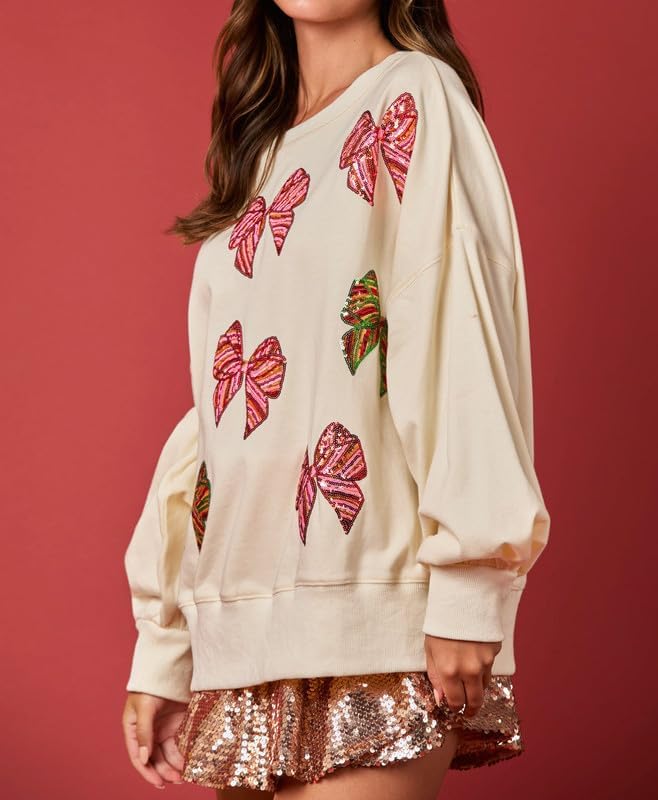 Women Christmas Sequin Oversized Sweatshirt Cute Funny Bow Graphic Pullover Long Sleeve Crewneck Xmas Shirt Top - Image 4