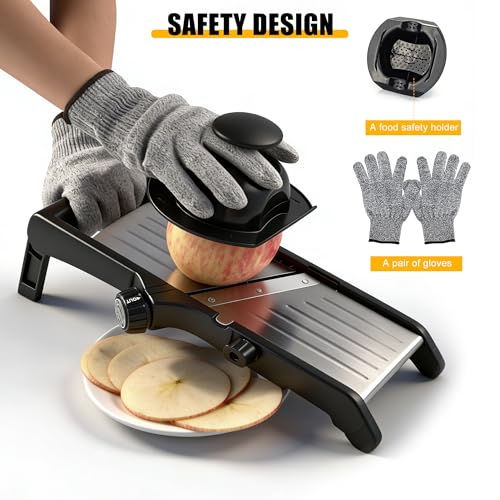 Mandoline Food slicer for kitchen, Adjustable Stainless Steel Mandoline Vegetable slicer, Food slicer Onion Potato Chip French Fry, 7 in-1 Adjustable Blade, Including 1 Pair of Gloves