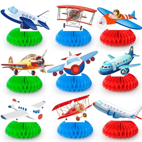 Centre de table avion anniversaire : lot de 9 décos en nid d'abeille Happy Birthday