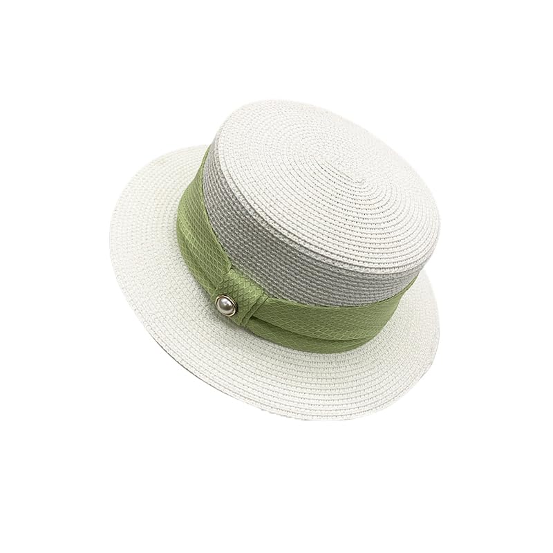 Sombrero de Paja de ala Ancha para Mujer,Ligero,Estilo Canotier,con Parte Superior Plana y Perla,Transpirable,para Actividades Al Aire Libre