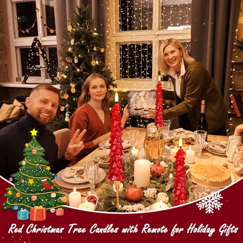 Image of Christmas Tree Candles Battery Operated, Red Christmas Flameless Taper Candles with Remote Timer, Set of 3 Waxy 9.8 Inch LED Tree Candlesticks for Xmas Home Holiday Window Winter Decor
