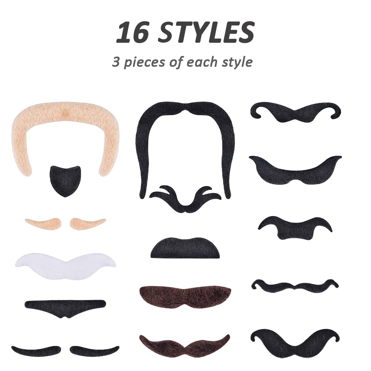 Lot De 48 Faux Moustaches Autocollantes - 16 Styles Différents Pour Fêtes Et Déguisements