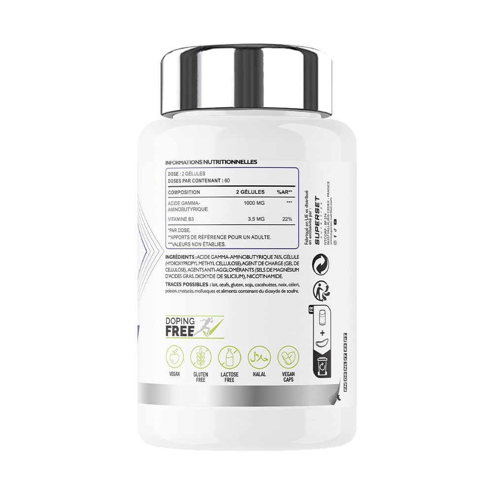 Superset Nutrition - Gaba Max (120 capsules végétales) - Favorise un sommeil réparateur et aide à améliorer la récupération musculaire - 1000 mg de GABA par gélule
