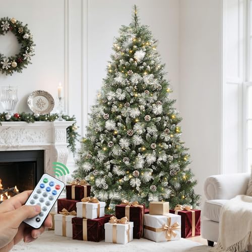 YITAHOME 6ft Prelit Scotch Pine Christmas Tree with Remote Control, Pre-Decorated Frosted Christmas Tree with Pine-Cones & Needles, Warm White/Multicolor Changing Lights for Home/Office