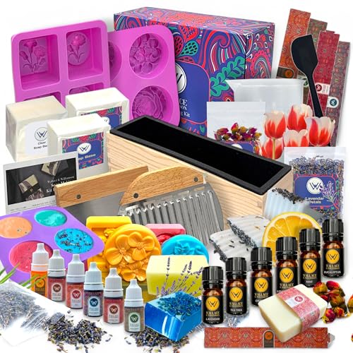 WALLACE & WILLIAMSON DIY Soap Making Kit with Melt & Pour Base, Cutting Box, Molds, Fragrances, Flowers Silicone Molds - for Adults & Kids Craft
