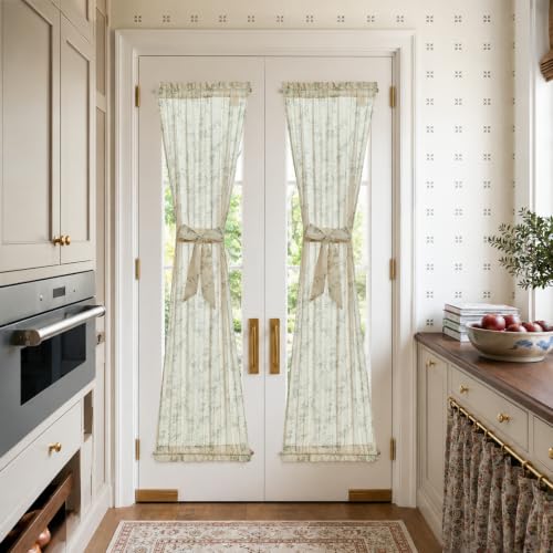 Image of jinchan Green Linen Floral French Door Curtains 72 Inch Rod Pocket 2 Panels | Light filtering, tiebacks included, cottage farmhouse, privacy full length door panels, patio door, sliding glass door