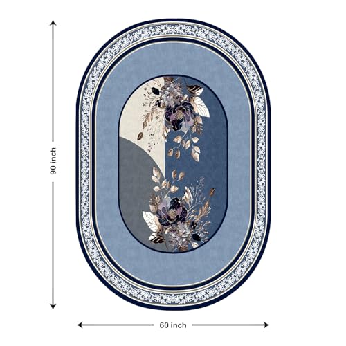 Image of Cloth Fusion Velvet Floral Oval Shape Dining Table Cover Cloth 6 Seater with Stunning Gold Foil Design for Home Decor (60x90 Inch, Blue)