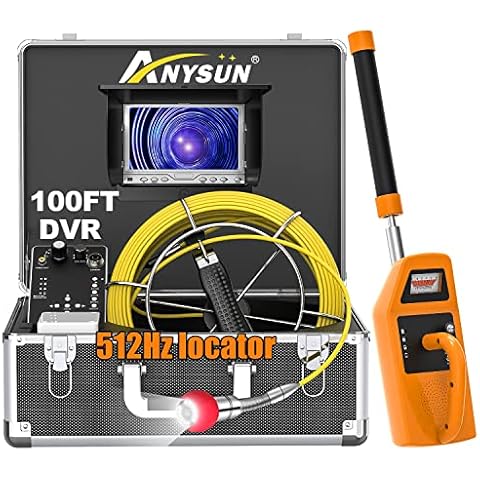 Anysun Sewer Camera with Locator, 100ft Drain Camera with 512Hz Sonde Transmitter and Receiver, Plumbing Camera has 7 inch LCD Monitor and DVR to Record Pictures Videos with 8GB SD Card Cover