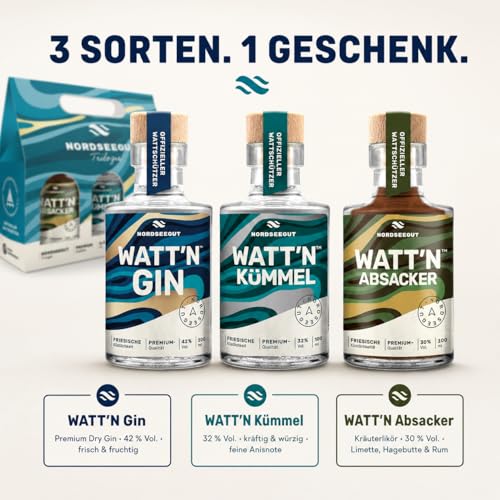 NORDSEEGUT WATT`N Trilogie Geschenkset, 3x100ml Spirituosen Set mit Watt`n Gin, Watt`n Kümmel & Watt`n Absacker - Nordsee Premium Geschenke Box