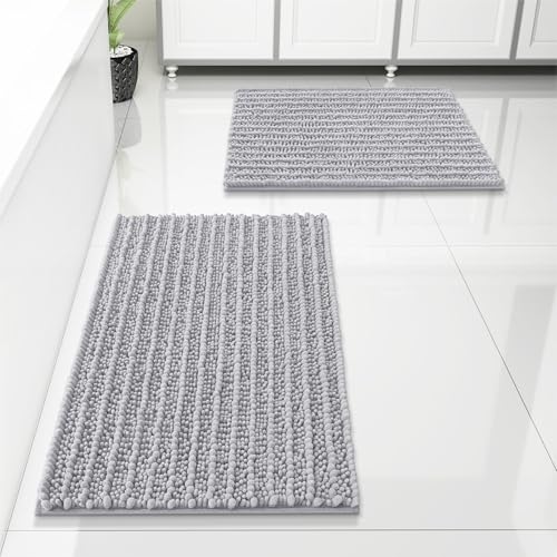 Arotive Luxury Chenille Bathroom Rugs Set 2 Piece, Extra Soft Absorbent Shaggy Bath Rugs, Non-Slip Machine Wash Dry Bath Mats for Bathroom, Shower, Sink and Tub, Light Grey