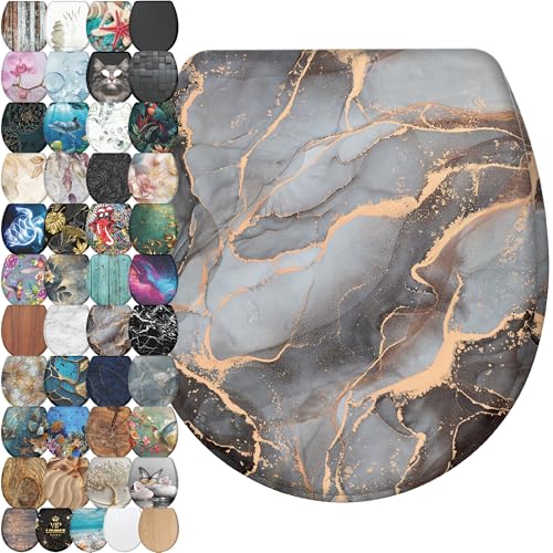 Image of Sanilo Wooden Toilet Seat with Quick Release & Soft Close [ROUND] - Decorative & Slow Close Molded Wood Seat - With One Click for Easy Installation & Cleaning - With Adjustable Fit (Marble Abstract)