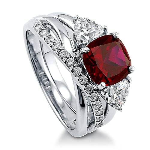 BERRICLE Sterling Silver 3-Stone Wedding Engagement Rings 3 Carat Simulated Ruby Cushion Cut Cubic Zirconia CZ Infinity Ring Set for Women, Rhodium Plated