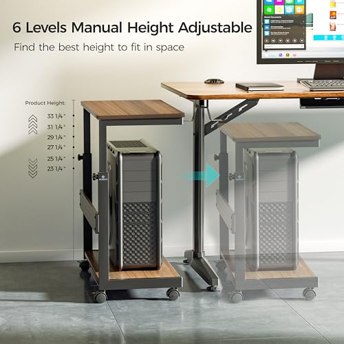 Image of EUREKA ERGONOMIC PC Stand Computer Cart, Height Adjustable Tower Stand 2-Tier Suit for ATX Case Printer, Metal Rolling Cart on Wheels for Gaming Home Office, Walnut