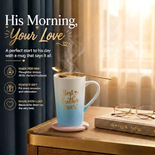 Image of ZAICUS Best Brother Ever Coffee Mug with Lid & Spoon, Gift for Brother | Suitable for Hot & Cold Beverages | Ceramic Mug | Elegant White & Blue Gradient Finish
