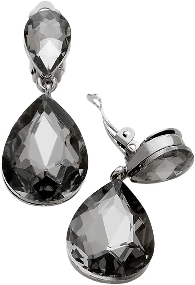 Rosemarie Collections Women's Stunning Double Teardrop Crystal Statement Clip On Earrings, 1.75"