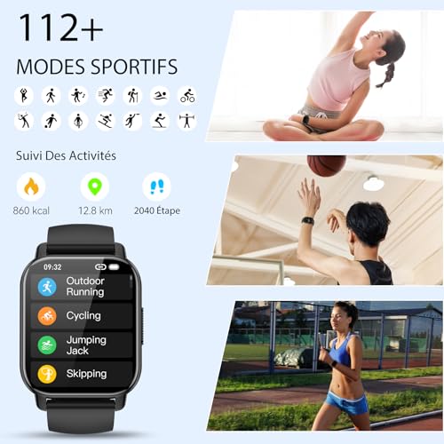 Montre Connectée Homme Femme, 1.85" HD Écran Tactile Smartwatch Avec Appels Bluetooth , 112+ Sportifs Modes Montre, Montre Sport de Surveiller Cardio, Podometre et Sommeil pour Android iOS Noir – Image 4