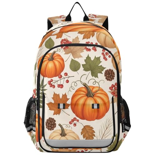 Kids Backpack for School, Autumn Leaves Pumpkins Cream Girls Backpack Elementary School, 17 Inch, Age 6-12
